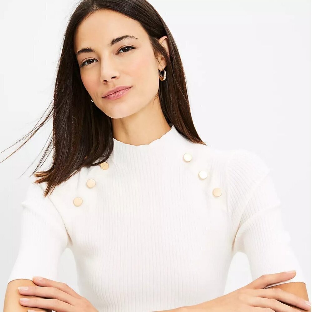 NWT LOFT Ribbed Shoulder Button Mock Neck Sweater Women's XL/12 Cream White‎